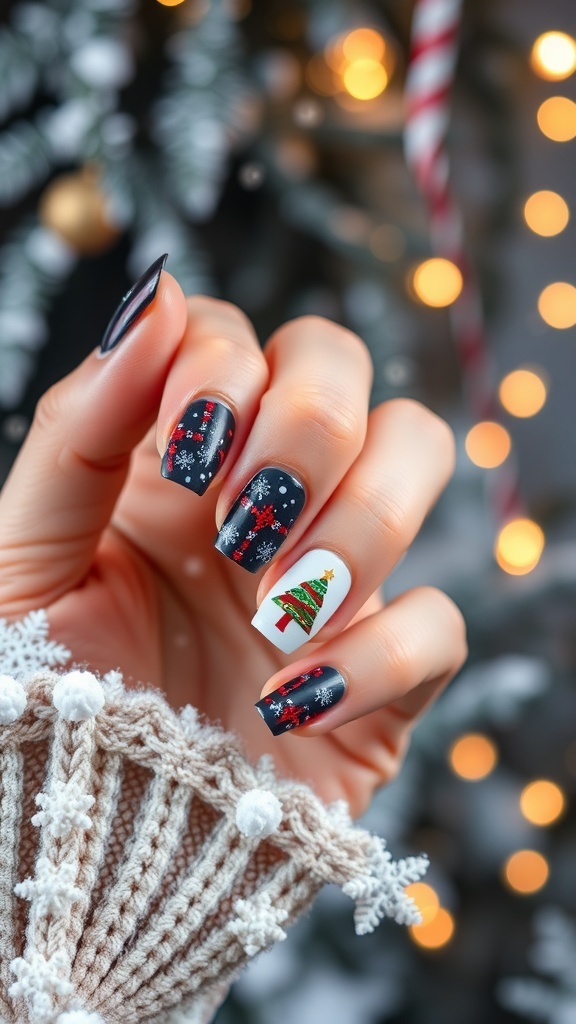 Winter Christmas Nail Art Ideas Festive winter Christmas nail art with snowflakes and glitter on a cozy winter background.